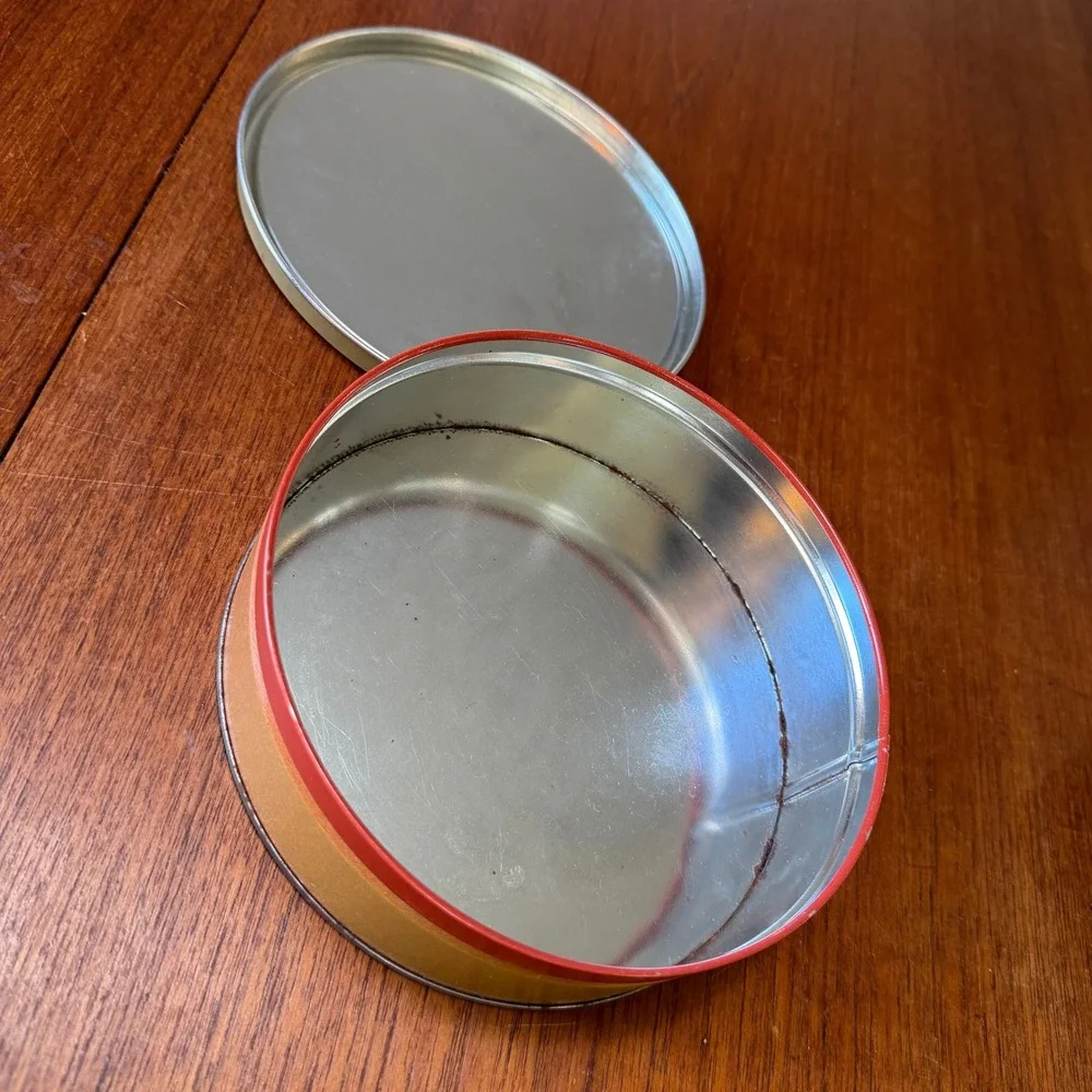 F. Gustaveson Vintage 1990 Flying Ducks Wildlife Round Metal Storage Tin Gold